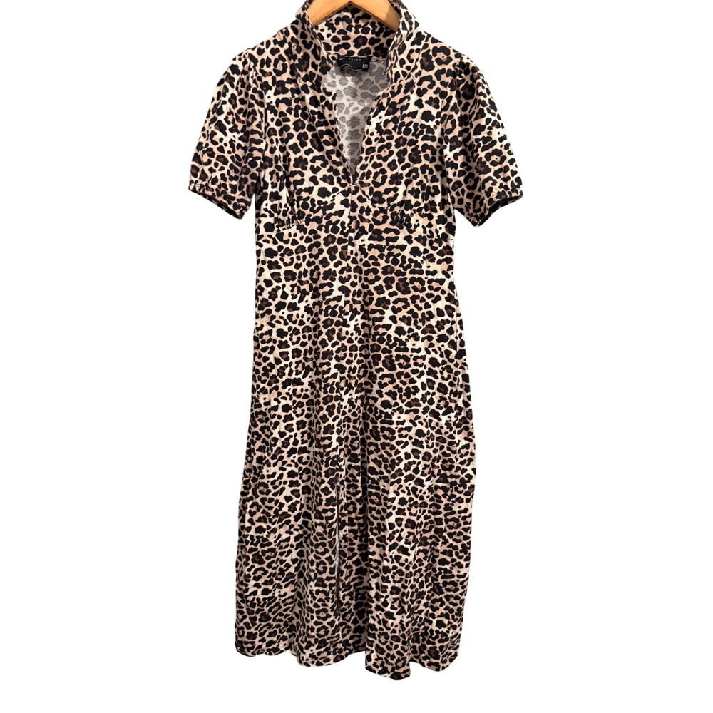 ASOS DESIGN Leopard Print Midi Dress Womens Size 4 Brown Animal Puff Sleeve Slit